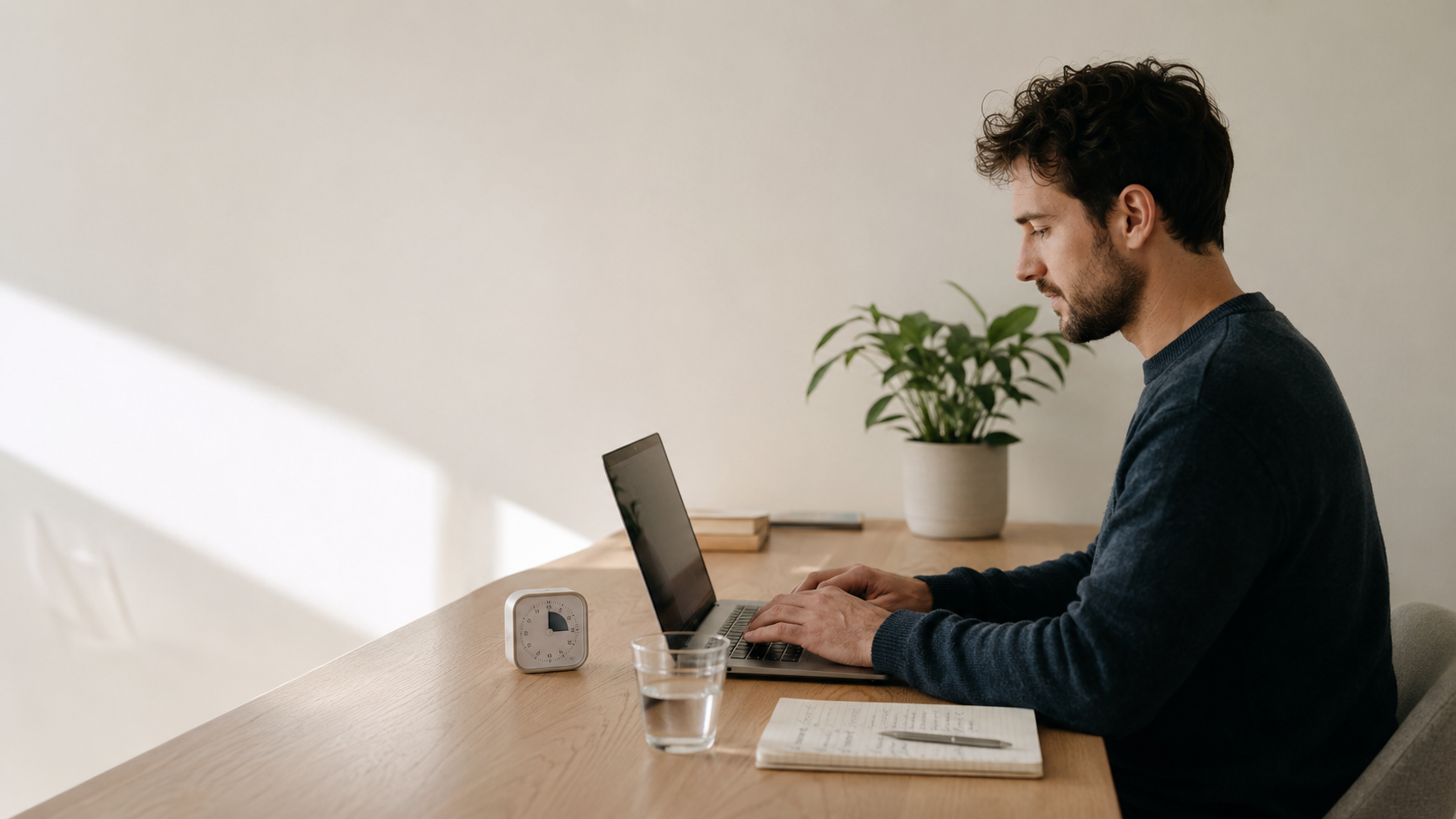 A person quietly working at a sunlit desk with a focus timer and notebook.