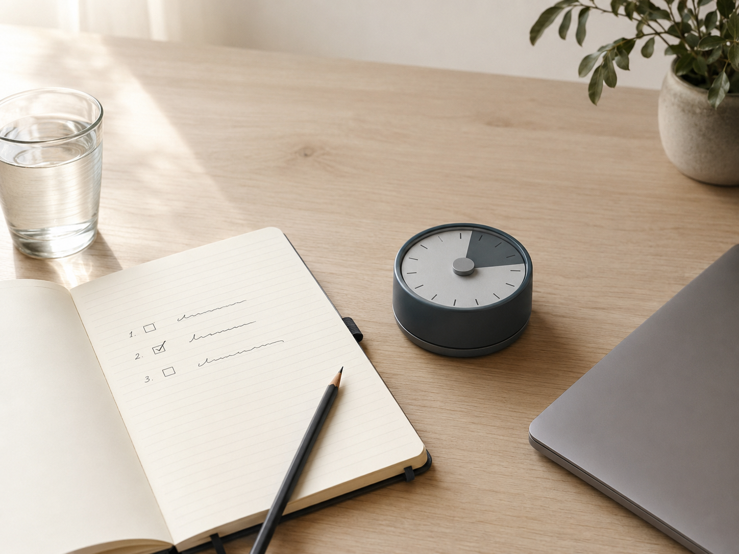 A minimal desk with a notebook, one checked priority, a focus timer, and a laptop.